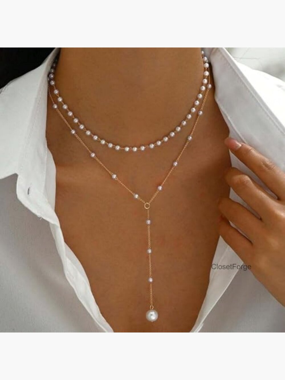 14K Gold Plated Trendy Faux Pearl Layered Necklace Set Choker Y Drop Dainty - Picture 3 of 6